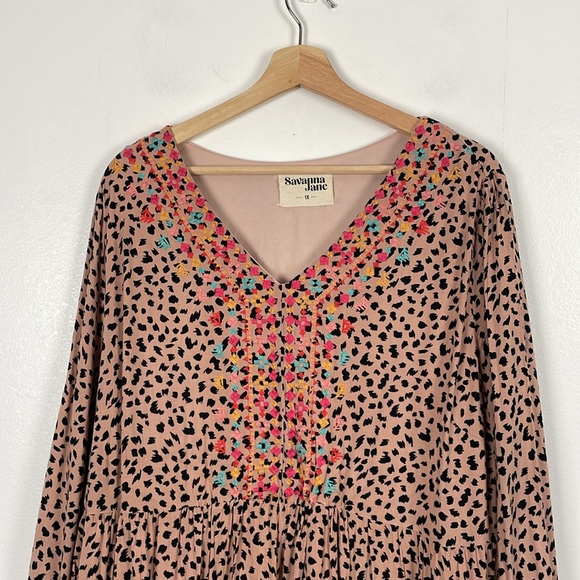 Savanna Jane Leopard Print Boho Embroidered Womens 1X Long Sleeve Pleasant Dress - Picture 3 of 9